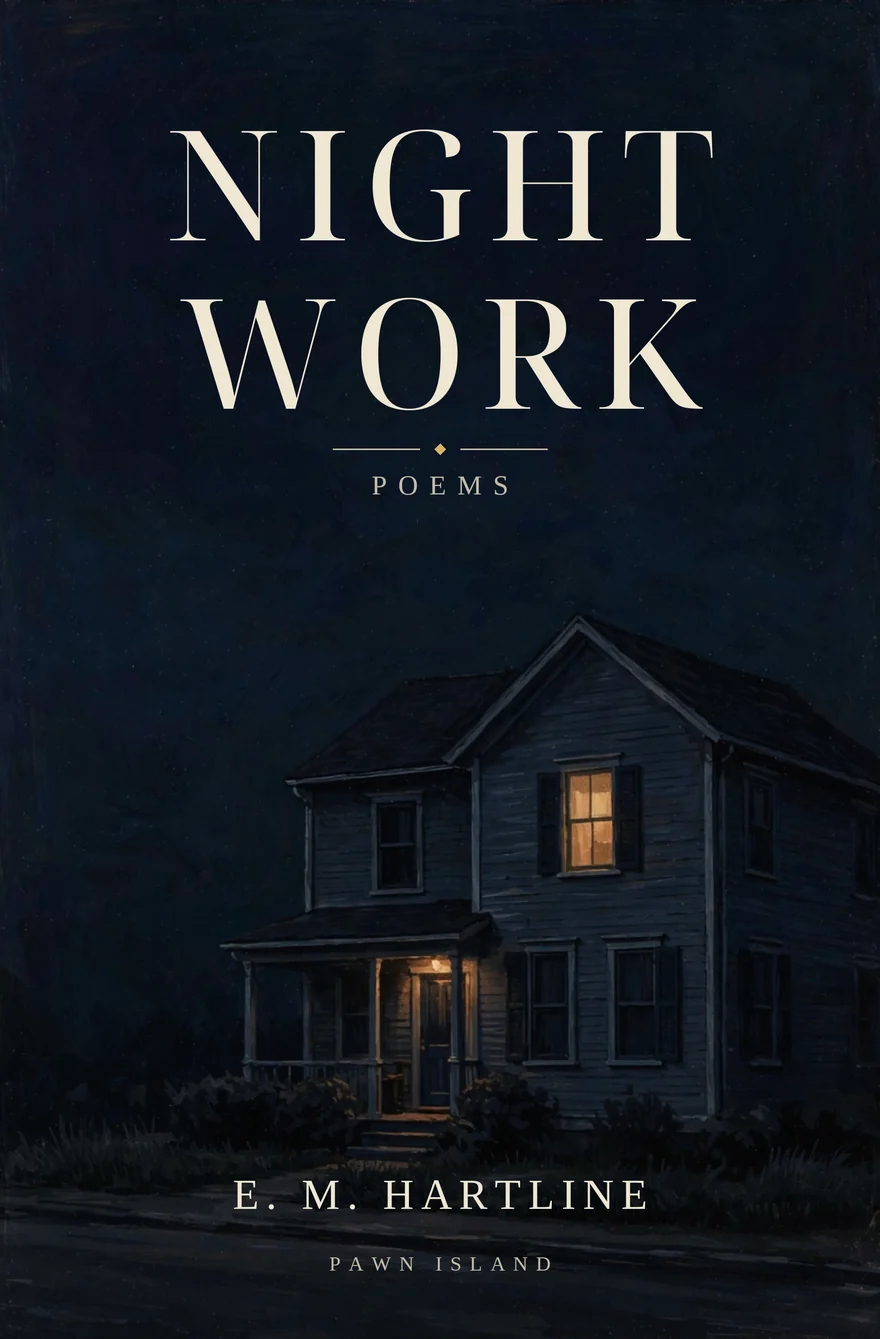 Cover of Night Work: a dark house at night with one warm amber window lit, title and author name in cream lettering.